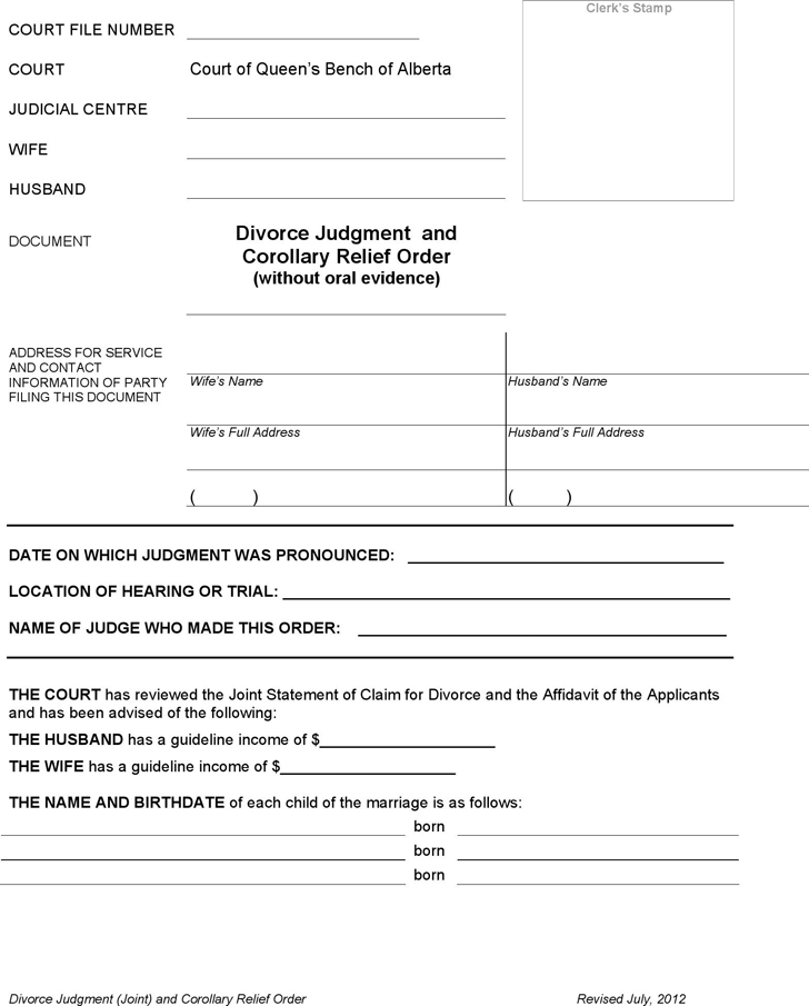 Alberta Joint Divorce Judgment and Corollary Relief Order Form