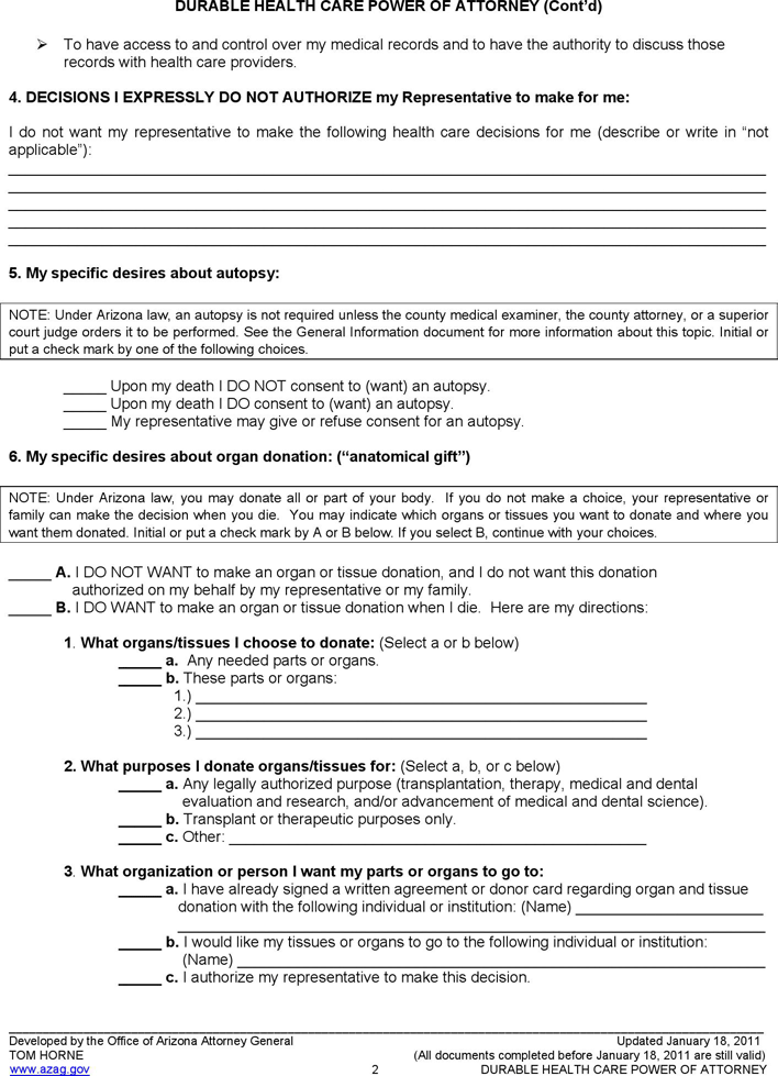 Arizona Health Care Power of Attorney Form Page 2