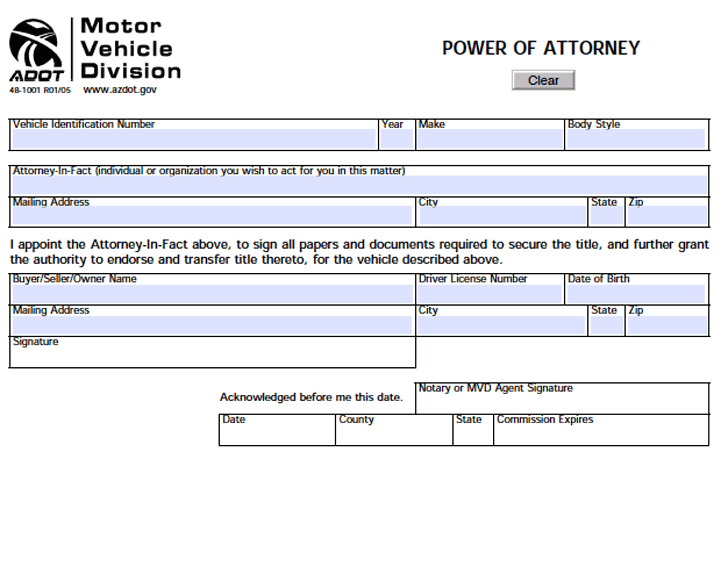 Arizona Motor Vehicle Power of Attorney Form