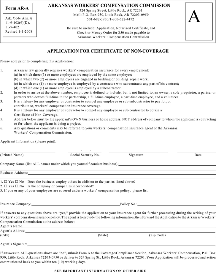 Arkansas Affidavit for Certificate of Non-Coverage Form