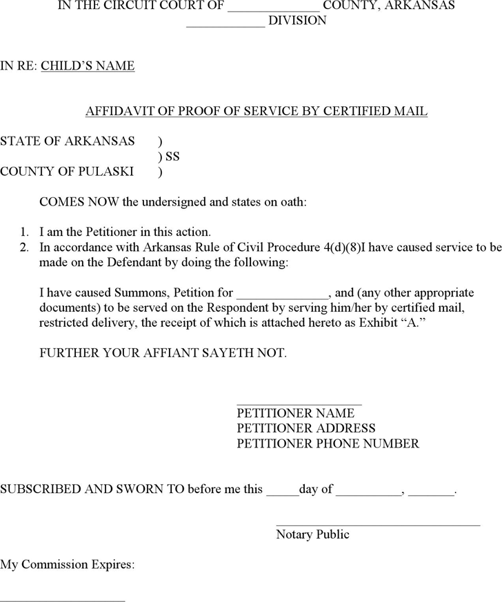 Arkansas Affidavit of Proof of Service by Certified Mail Form