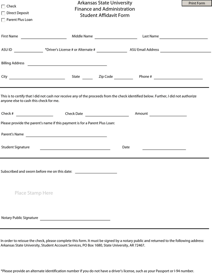 Arkansas State University Finance and Administration Student Affidavit Form