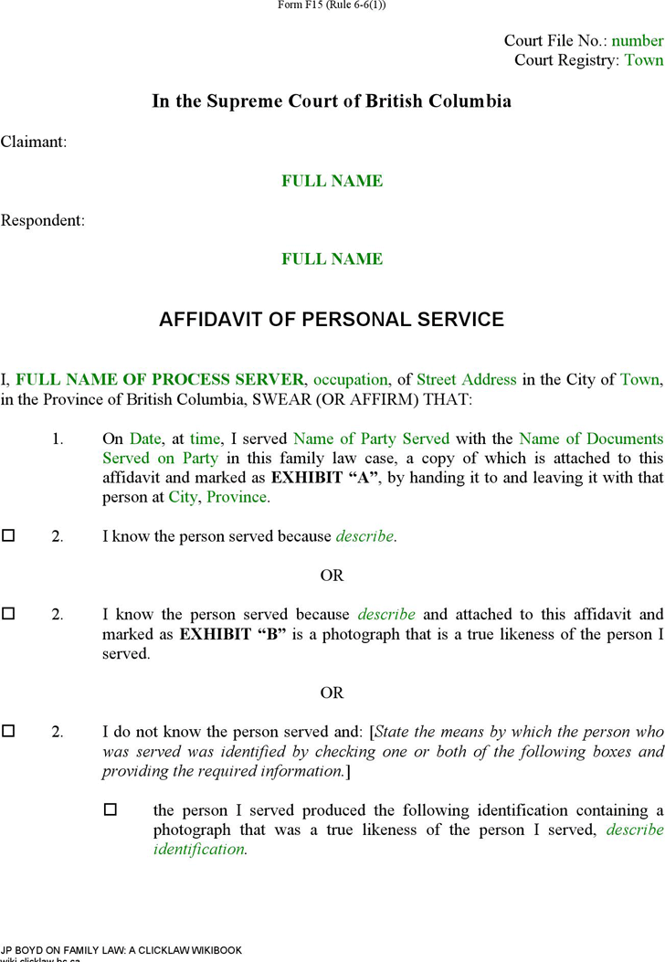 British Columbia Affidavit of Personal Service Form
