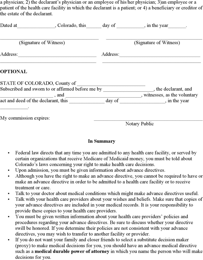 Colorado Advance Medical Directive Form 3 Page 2