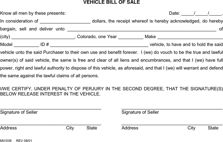 Colorado Vehicle Bill of Sale Form 2