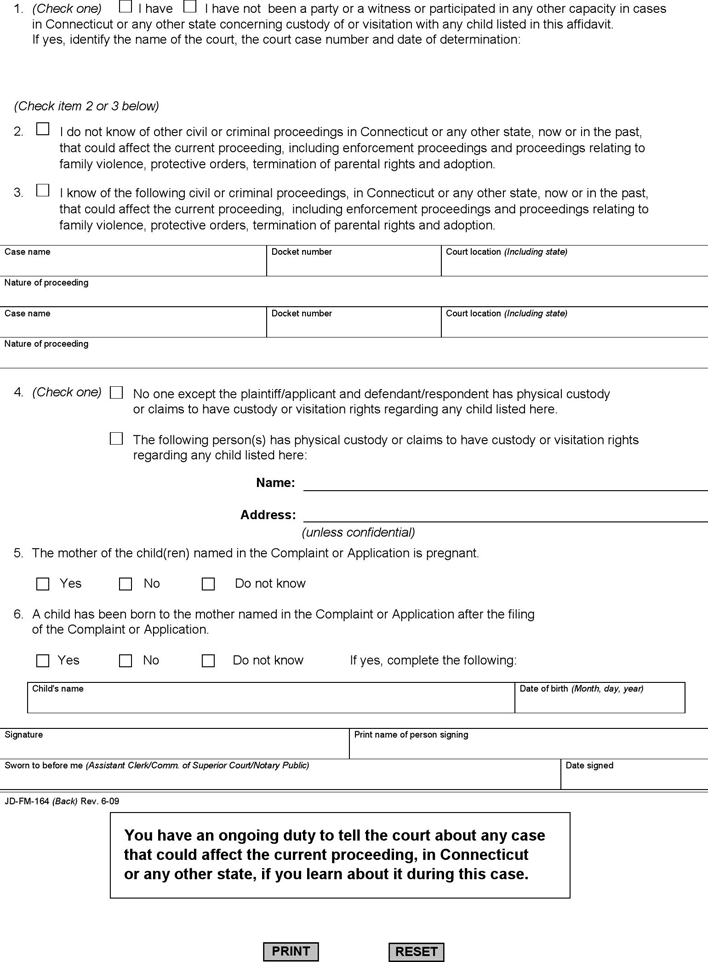 Connecticut Affidavit Concerning Children Form Page 2