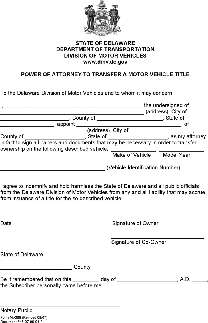 Delaware Power of Attorney to Transfer a Motor Vehicle Title Form