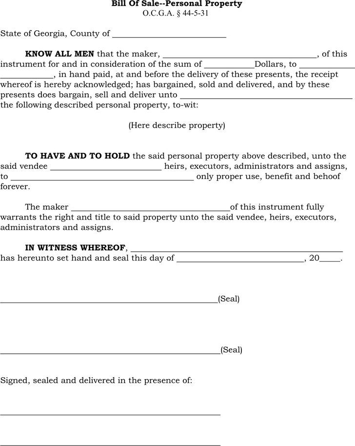 Georgia Personal Property Bill of Sale Form