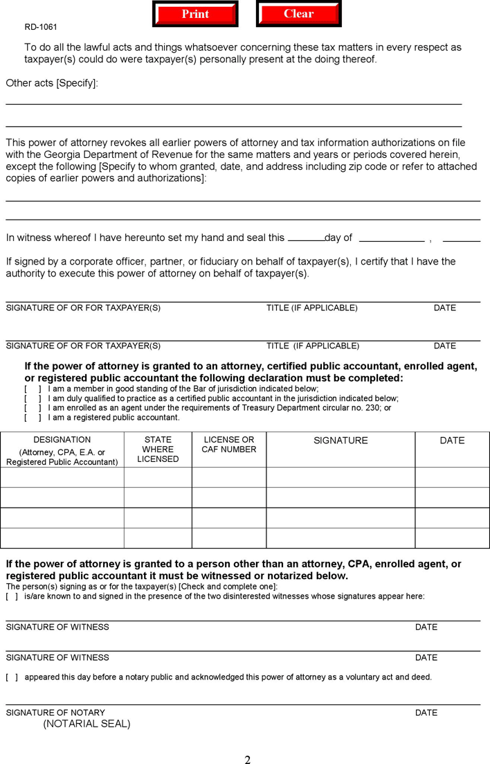 Georgia Tax Power of Attorney Form 2 Page 2