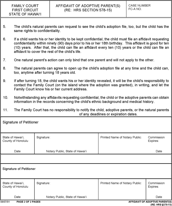 Hawaii Affidavit of Adoptive Parents Form Page 2
