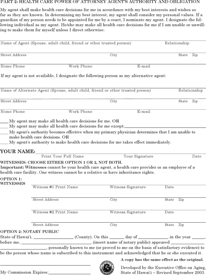 Hawaii Health Care Power of Attorney Form Page 2