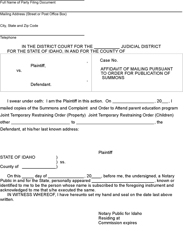 Idaho Affidavit of Mailing per Order for Publication Form