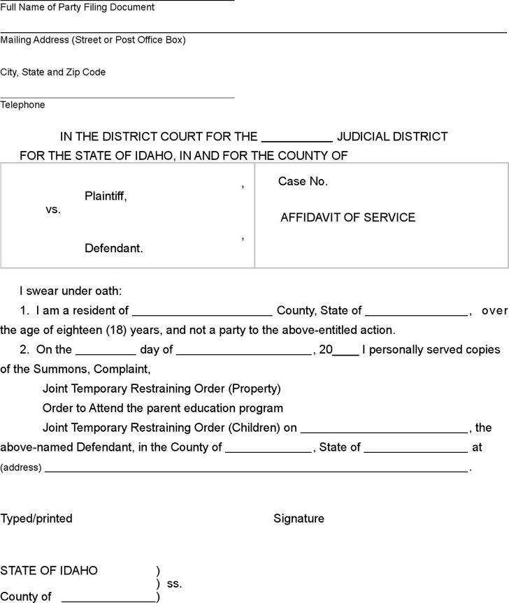 Idaho Affidavit of Service with Orders Form