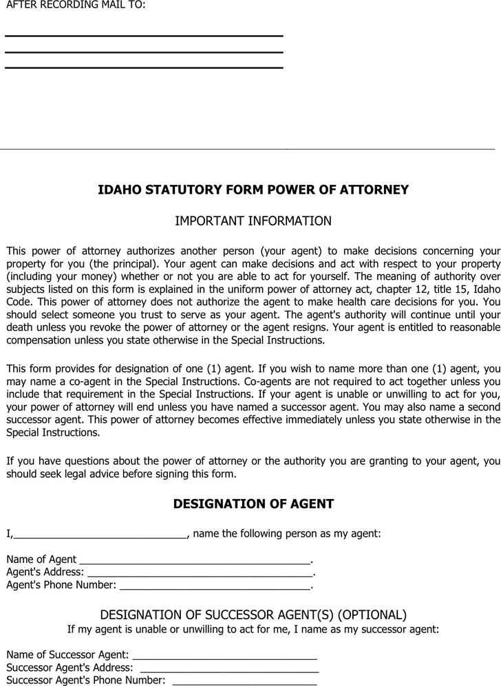 Idaho Statutory Power of Attorney Form
