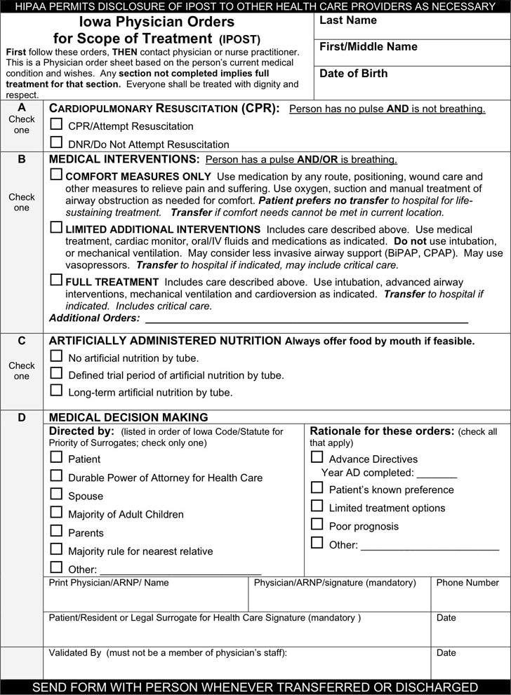Iowa Physician Orders For Scope of Treatment (POST) Form