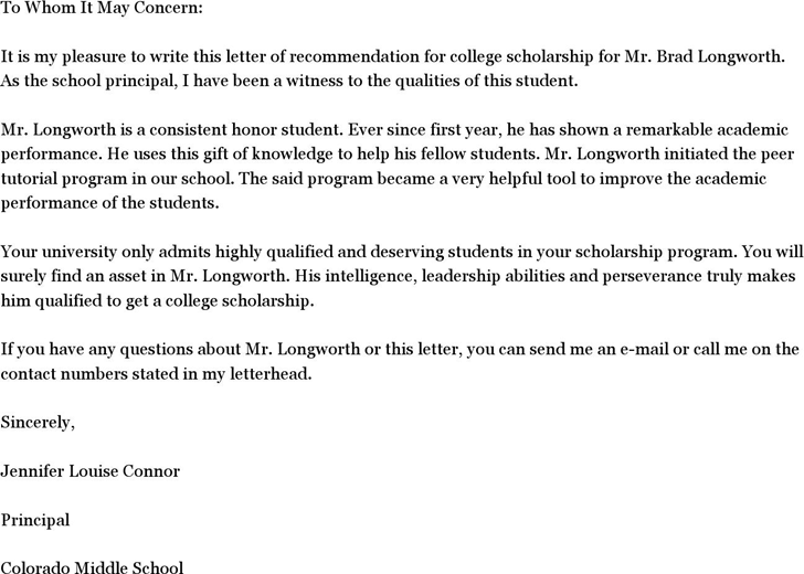 Letter of Recommendation for College Scholarship
