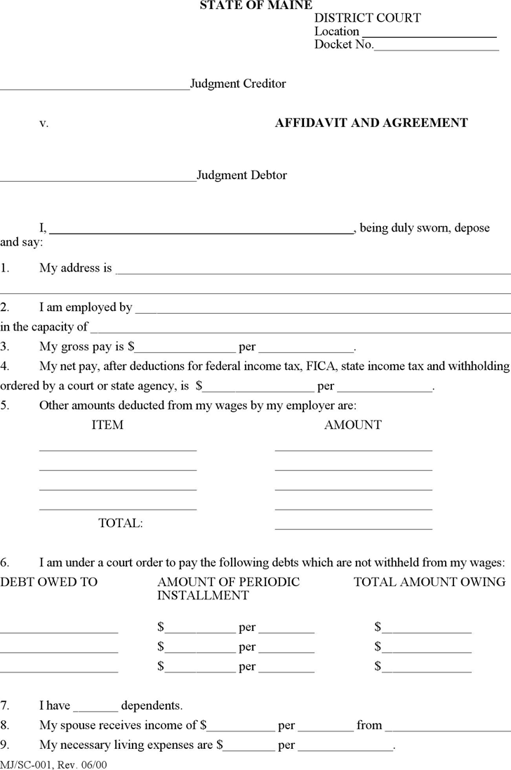 Maine Affidavit and Agreement Form