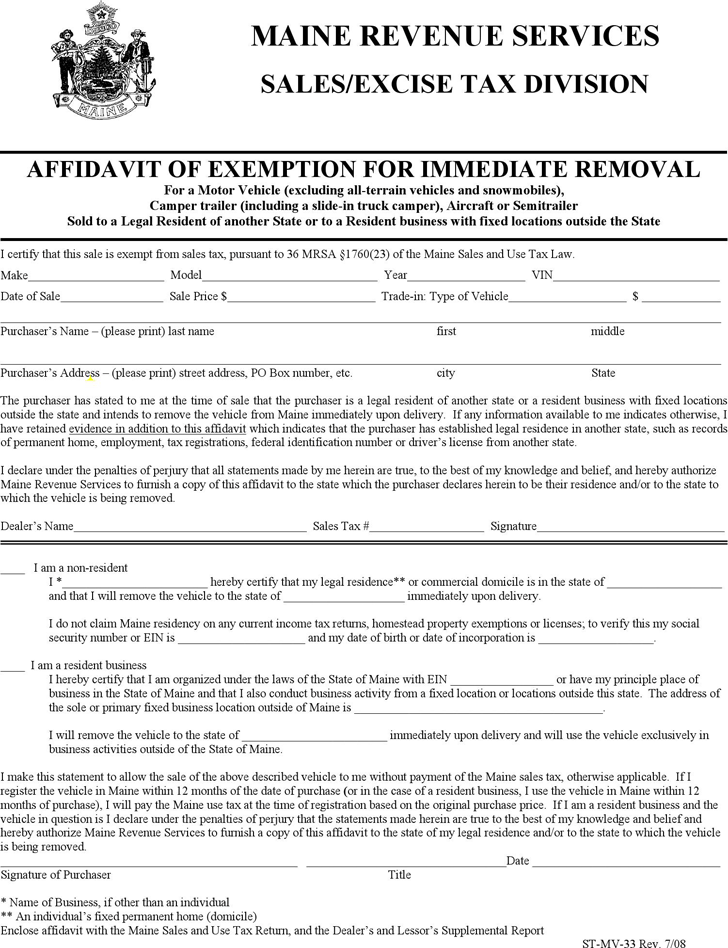 Maine Affidavit of Exemption for Immediate Removal Form