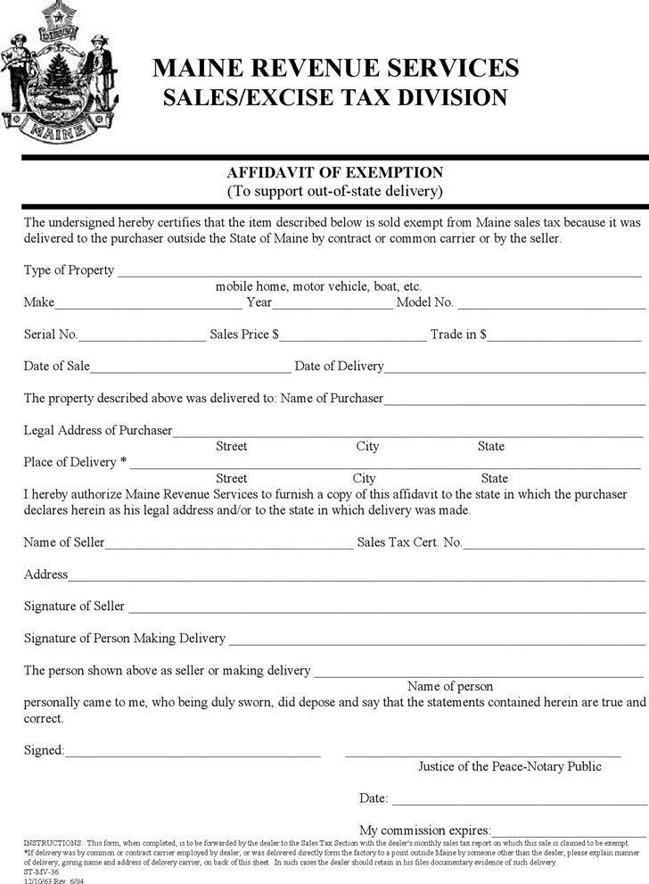 Maine Affidavit of Exemption Form
