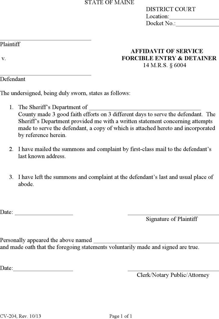 Maine Affidavit of Service, Forcible Entry & Detainer Form