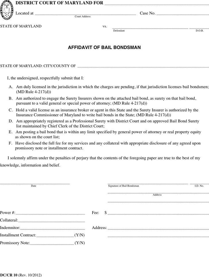Maryland Affidavit of Bail Bondsman