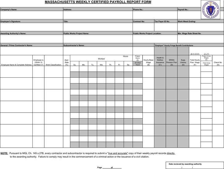 Massachusetts Weekly Certified Payroll Report Form