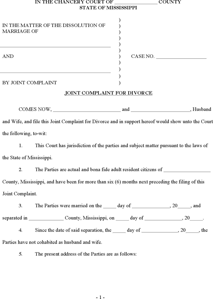 Mississippi Joint Complaint for Absolute Divorce Form
