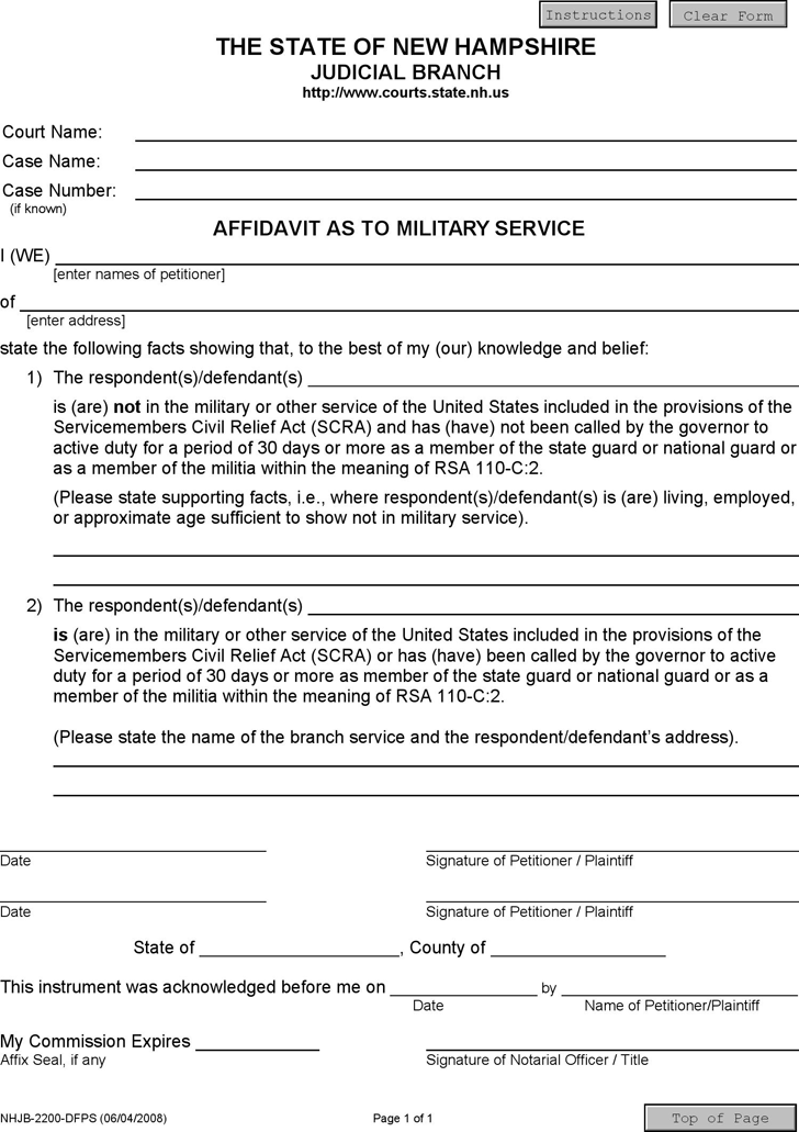 New Hampshire Affidavit as to Military Service Form