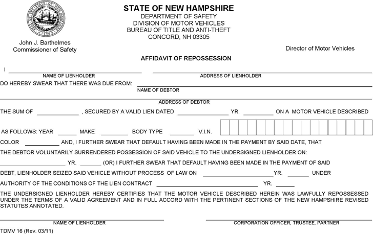 New Hampshire Affidavit of Repossession Form
