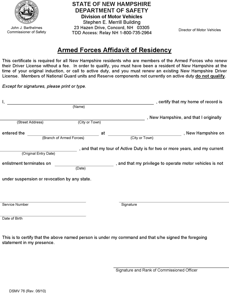New Hampshire Armed Forces Affidavit of Residency Form
