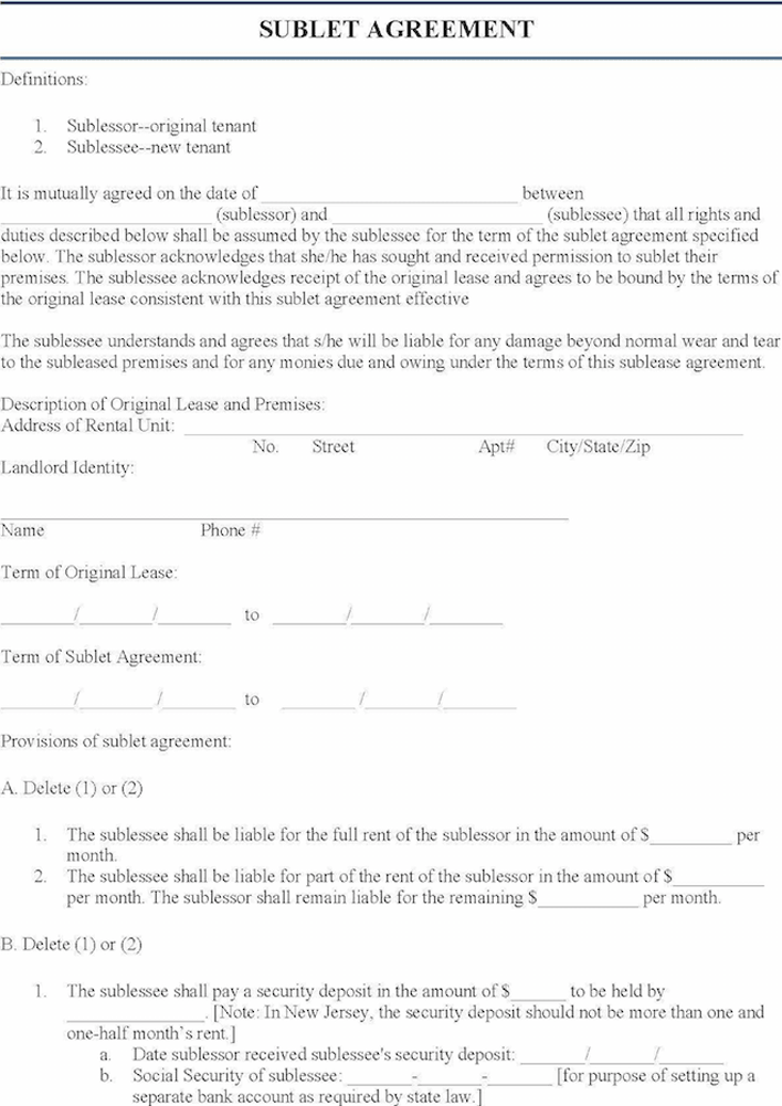 New Jersey Sublease Agreement Form
