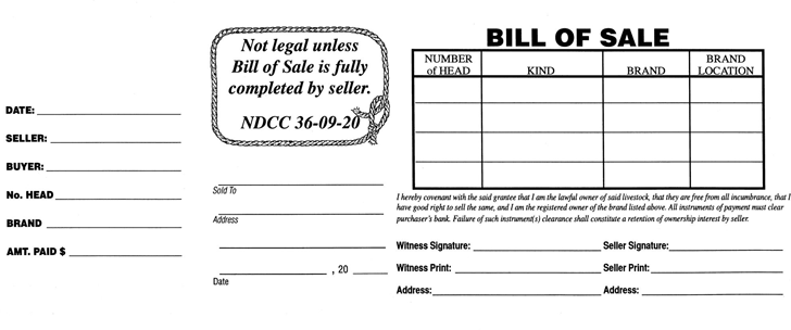 North Dakota Livestock Bill of Sale Form