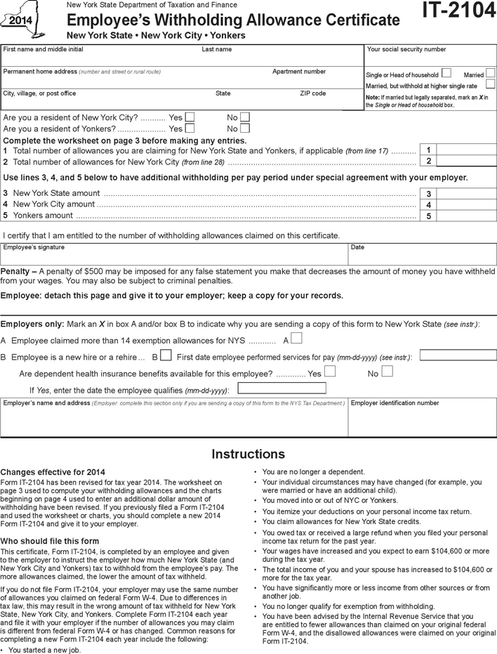 NY IT-2104 Employee's Withholding Allowance Form