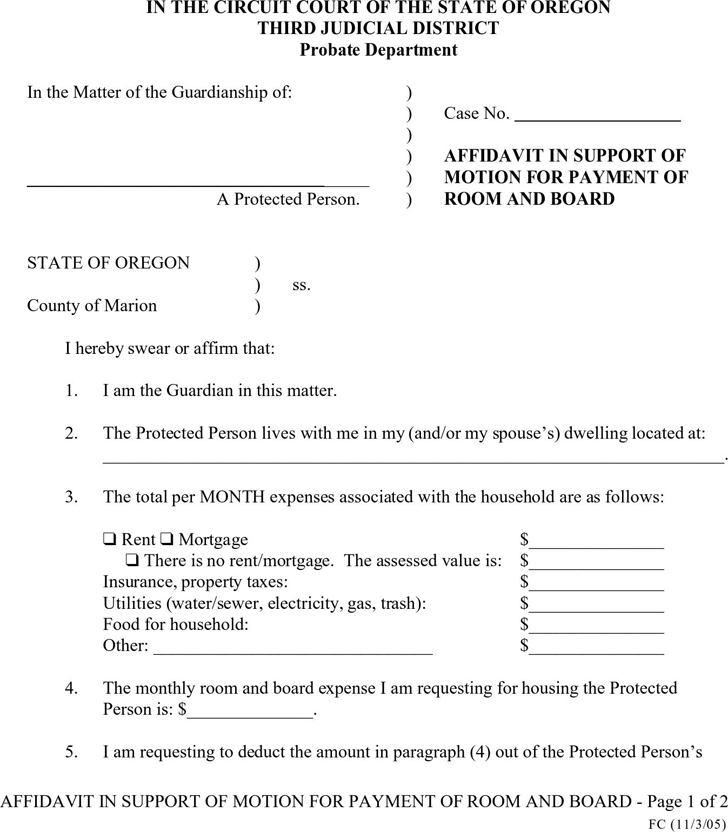 Oregon Affidavit in Support of Motion for Payment of Room and Board Form