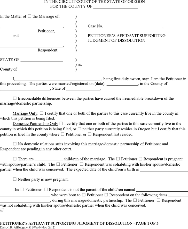 Oregon Petitioner's Affidavit Supporting Judgment of Dissolution (with Children) Form