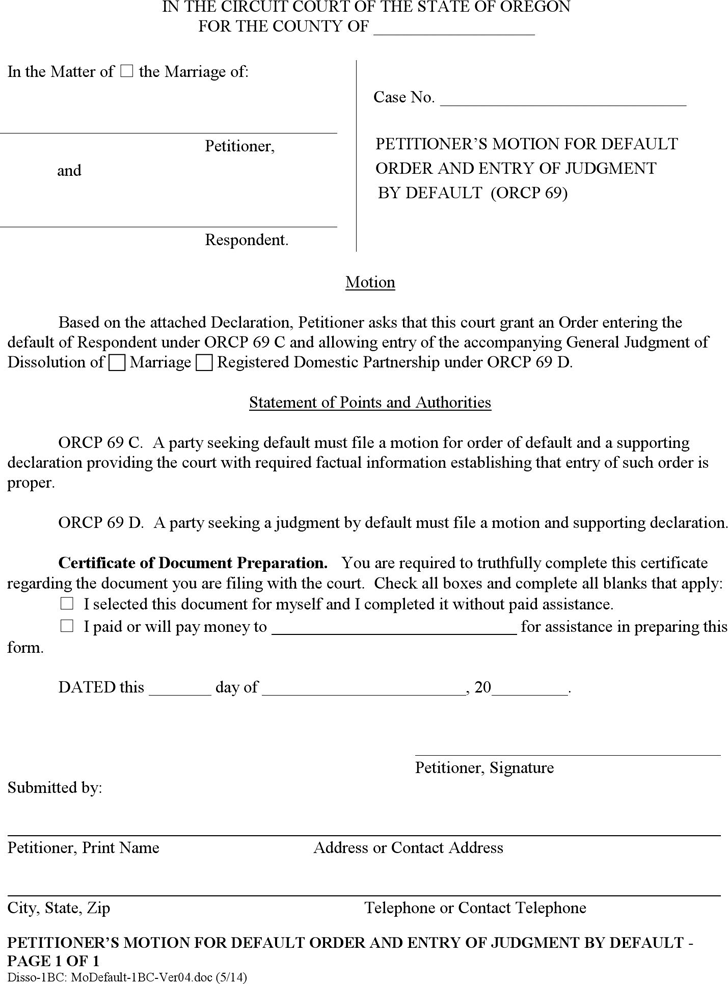Oregon Petitioner's Motion for Default Order and Entry of Judgment by Default Form