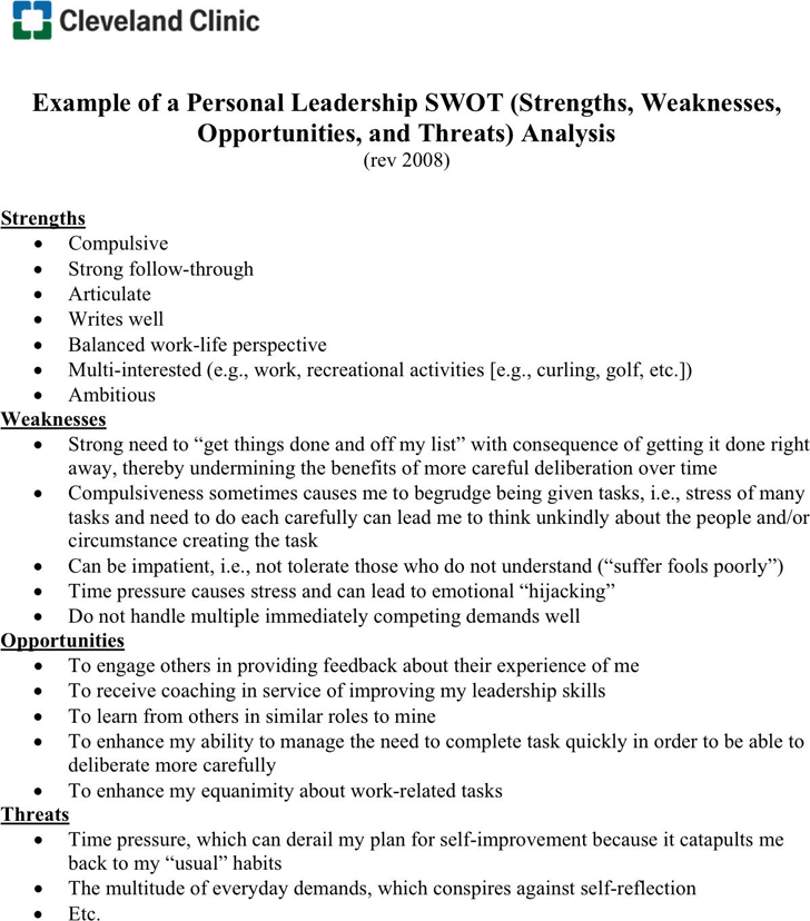 Personal SWOT Analysis Example