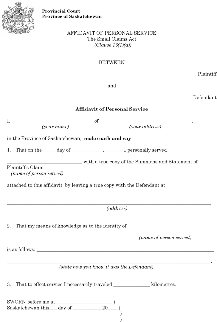 Saskatchewan Plaintiff Affidavit of Personal Service Form