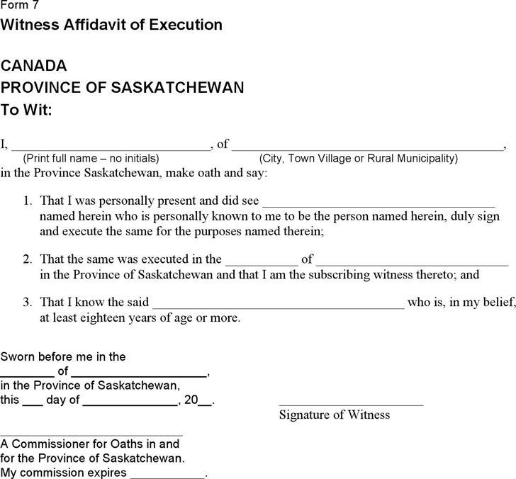 Saskatchewan Witness Affidavit of Execution Form