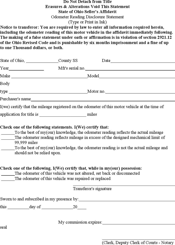 State of Ohio Applicant's Affidavit (Odometer Reading Disclosure Statement) Page 2