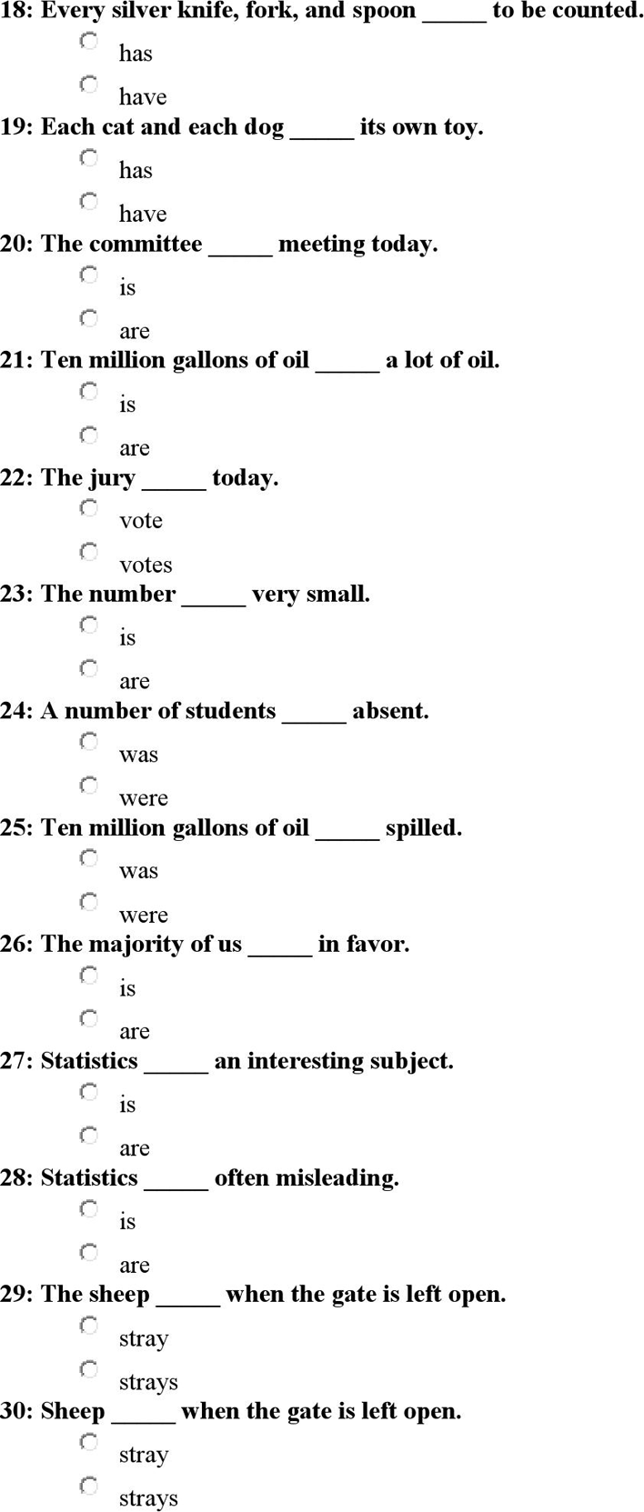 Subject-Verb Agreement Review and Quiz Page 3
