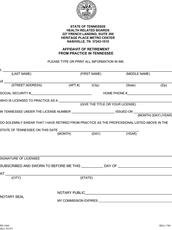 Tennessee Affidavit of Retirement From Practice