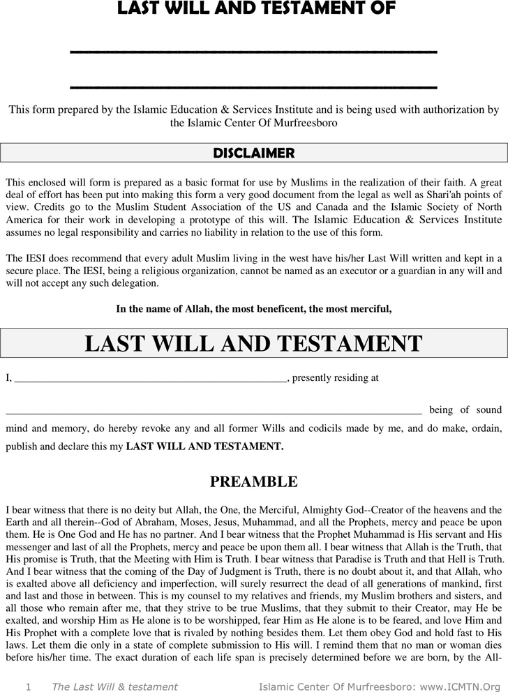Tennessee Last Will And Testament Form