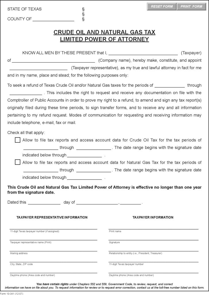 Texas Crude Oil and Natural Gas Tax Limited Power of Attorney Form