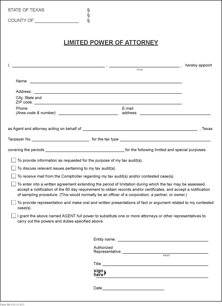 Texas Limited Power of Attorney (for Audits) Form
