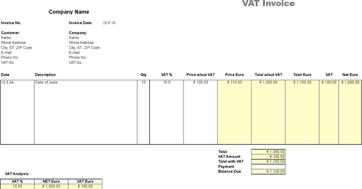 VAT Invoice - Price Excluding Tax