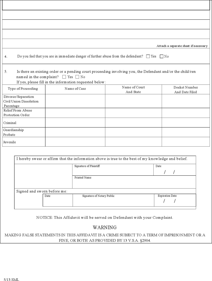 Vermont Affidavit in Support of Complaint Form Page 2