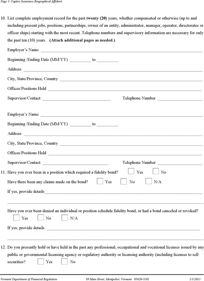 Vermont Captive Insurance Biographical Affidavit Form Page 3