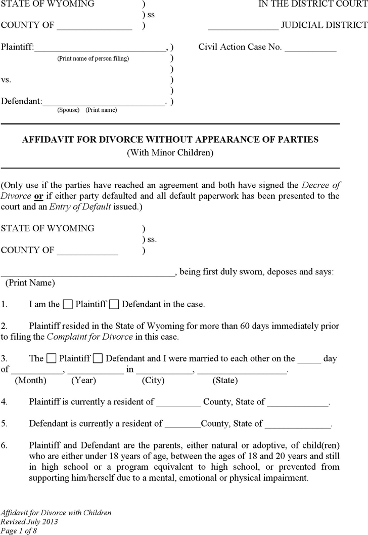 Wyoming Affidavit for Divorce without Appearance of Parties (with Minor Children) Form