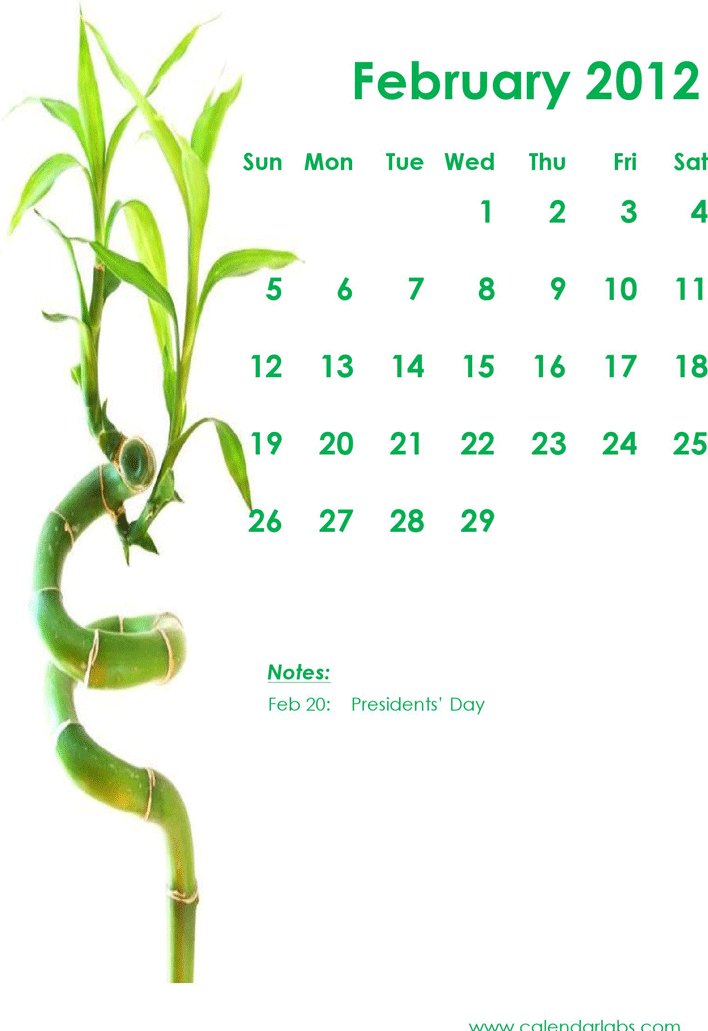 2012 Monthly Green Bamboo Calendar Template Page 2